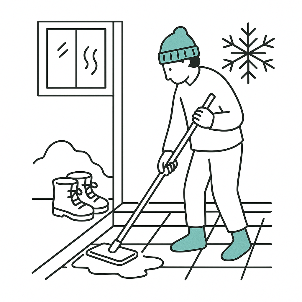 雪と融雪剤で汚れた玄関を清掃する冬の民泊清掃の線画イラスト