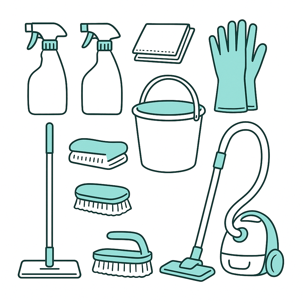 民泊清掃で使う掃除道具と洗剤を並べた線画イラスト