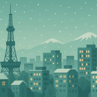 雪が降る札幌の街並みとテレビ塔のイラスト