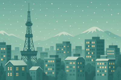 雪が降る札幌の街並みとテレビ塔のイラスト