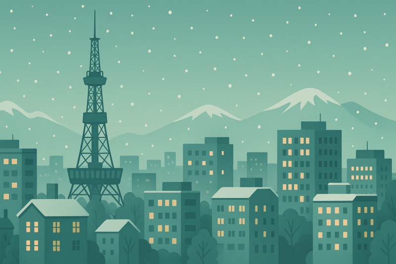 雪が降る札幌の街並みとテレビ塔のイラスト