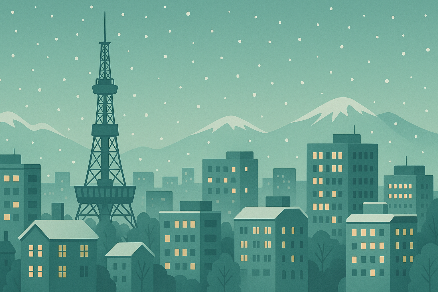 雪が降る札幌の街並みとテレビ塔のイラスト