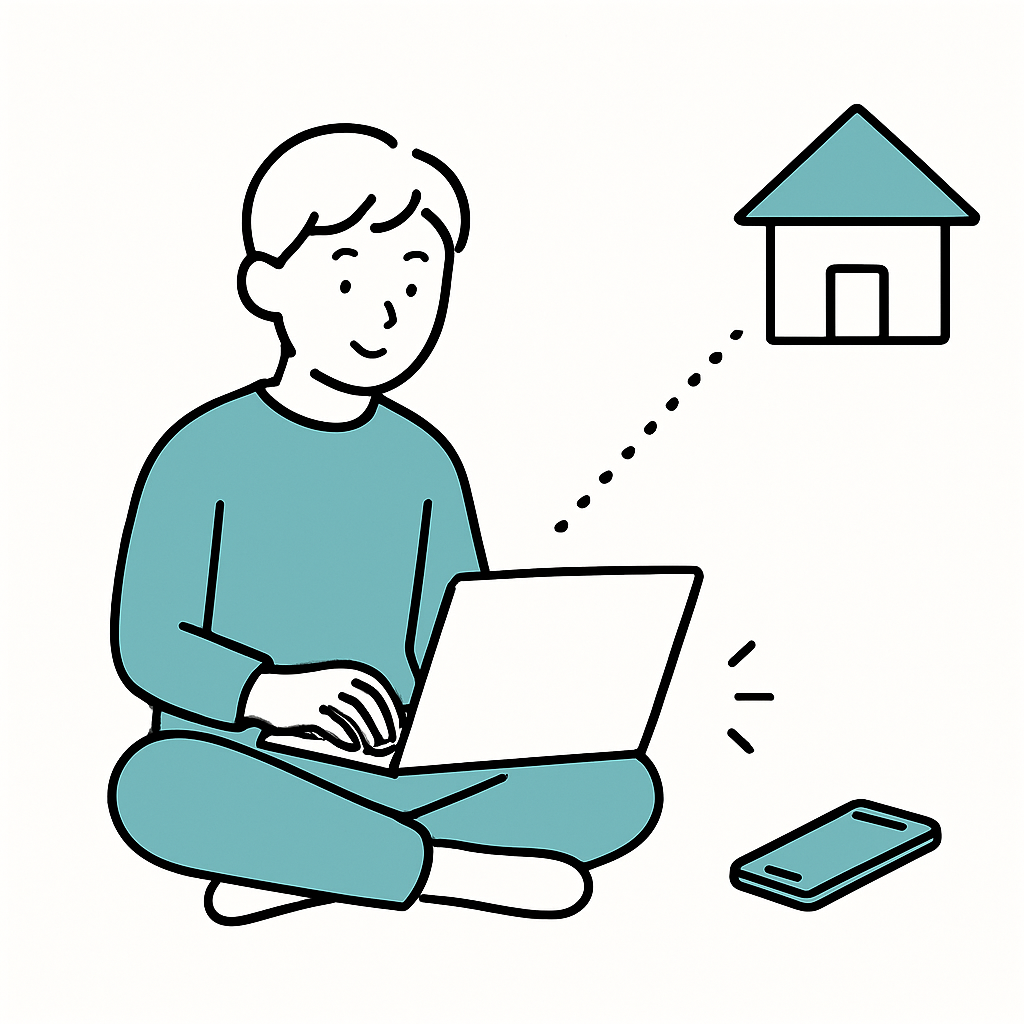 ノートPCで民泊を遠隔運営する様子のイラスト